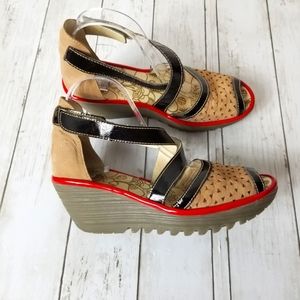 Fly London Ynes Perforated Leather Open Toe Wedge Heel Sandal